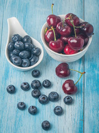 High angle view of fruits in bowl on table