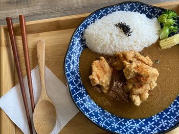 High angle view of meal served on table