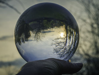 Reflection of person on crystal ball against trees