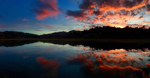 Scenic view of lake against sky at sunset