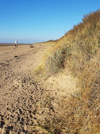 Scenic view of beach against clear blue sky