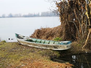 Boat moored at lakeshore