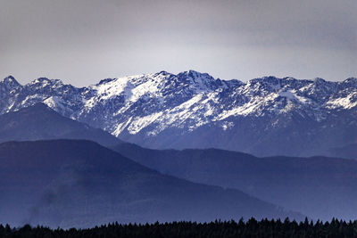 Scenic view of snowcapped mountains against clear sky