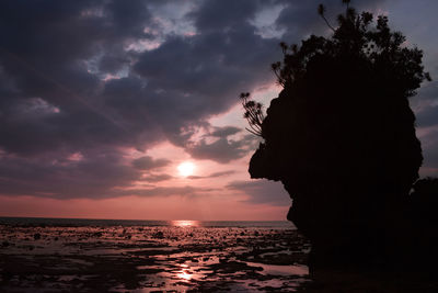 Silhouette man on beach against sky during sunset