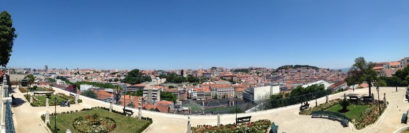 High angle shot of townscape against clear blue sky