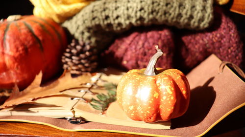 Close-up of pumpkins on table