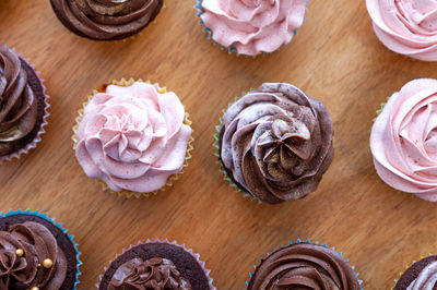 High angle view of cupcakes on table