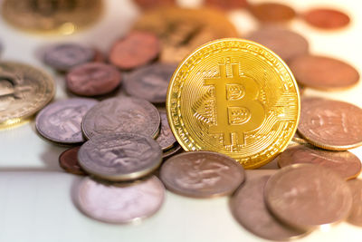 Close-up of coins on table