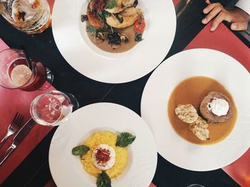 High angle view of meal served on table