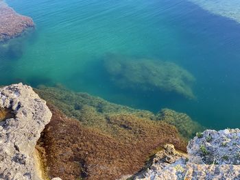 High angle view of rocks in sea