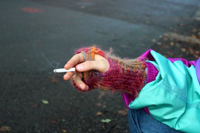 High angle view of woman holding hands