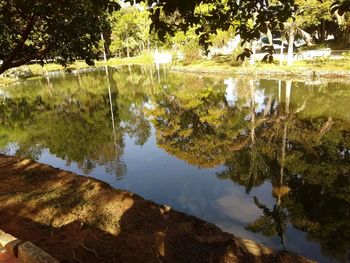 Reflection of trees in lake against sky