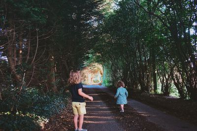 Rear view of siblings walking in forest