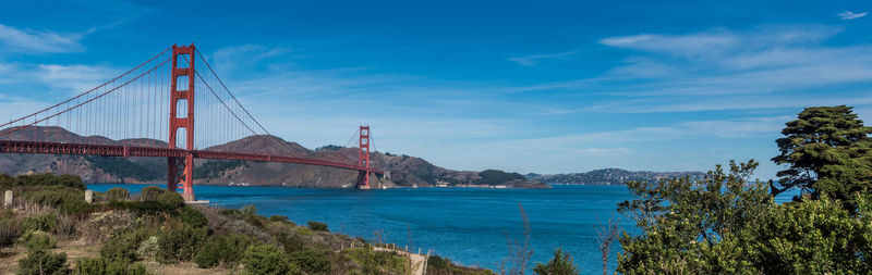 View of suspension bridge over sea