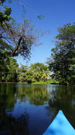 Scenic view of lake against clear blue sky