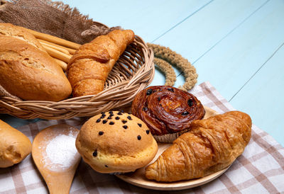 High angle view of bread in basket on table