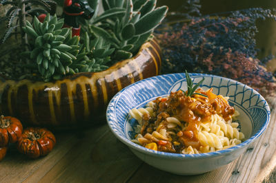 High angle view of vegetables in bowl on table