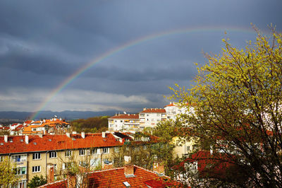 Rainbow over buildings in city against sky