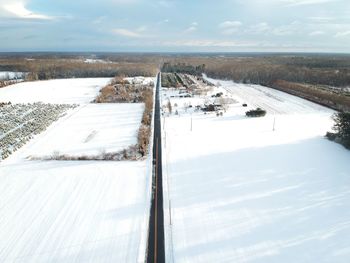 High angle view of snow covered land