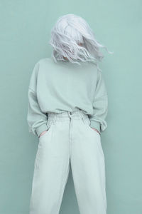 Aqua menthetrends. fashion casual look girl minimal aesthetic. monochrome color design