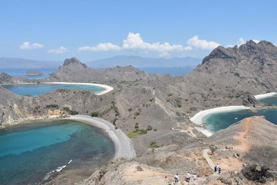 Scenic view of sea and mountains against sky