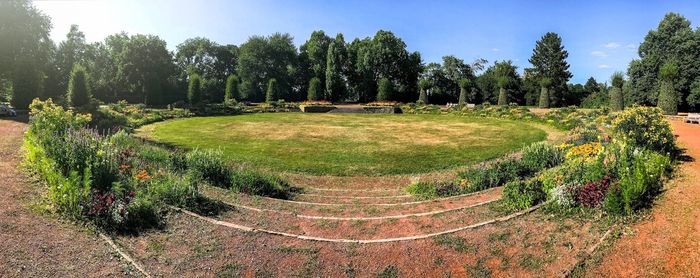 Panoramic view of trees on field against sky