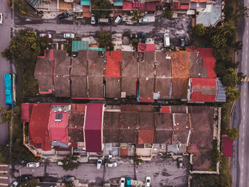 High angle view of multi colored buildings in city