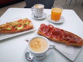 High angle view of breakfast served on table