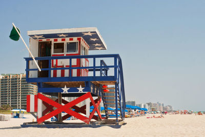 Built structure on beach against clear sky