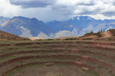 Scenic view of field and mountains against sky