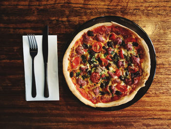 High angle view of pizza on table