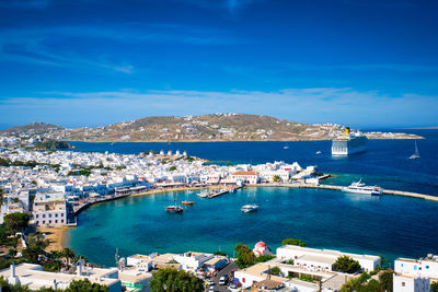 Mykonos island port with boats, cyclades islands, greece