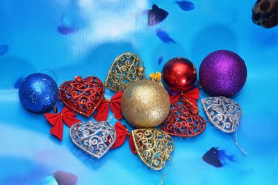 High angle view of christmas decorations on table