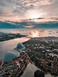 High angle view of city at sunset