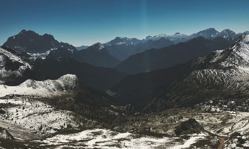 Scenic view of snowcapped mountains against clear sky