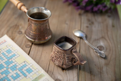 High angle view of coffee cup on table