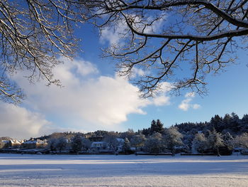 Scenic view of snow covered land against sky