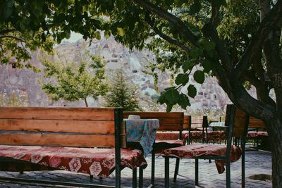 Empty chairs and table against trees in park