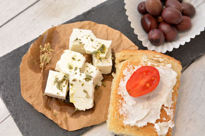 High angle view of breakfast on table