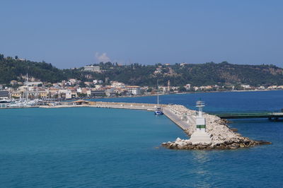 Scenic view of sea against clear blue sky