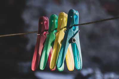 Close-up of multi colored clothespins hanging on rope