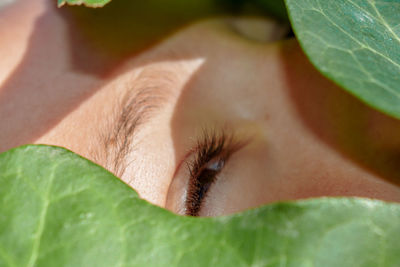 Eye of girl seen through leaves