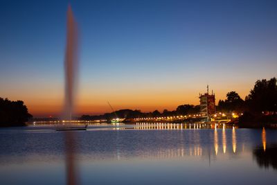 Scenic view of lake against clear sky at sunset