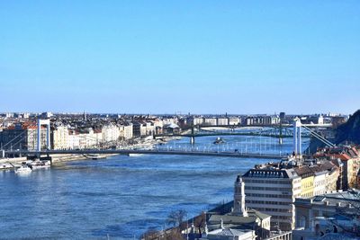 Bridges over danube river in city against blue sky