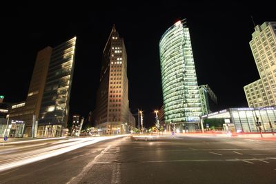 View of city lit up at night