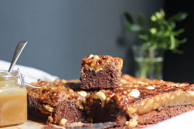 Close-up of cake served on table