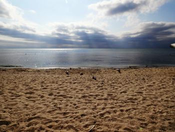 View of calm beach against cloudy sky