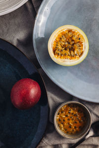 High angle view of fruits in bowl on table