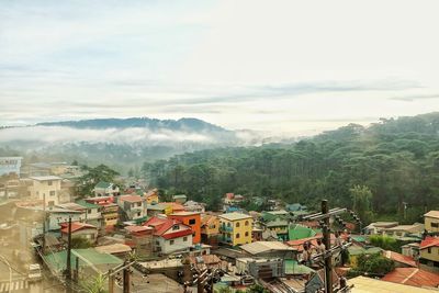 Townscape by forest against cloudy sky