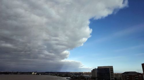 Low angle view of storm clouds over city